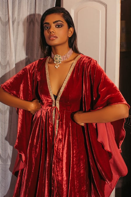 Shehlaa Khan Maroon Velvet V Neck Kaftan And Pant Set Online at Aza Fashions Shehlaa Khan_Maroon Velvet V Neck Kaftan And Pant Set _Online_at_Aza_Fashions