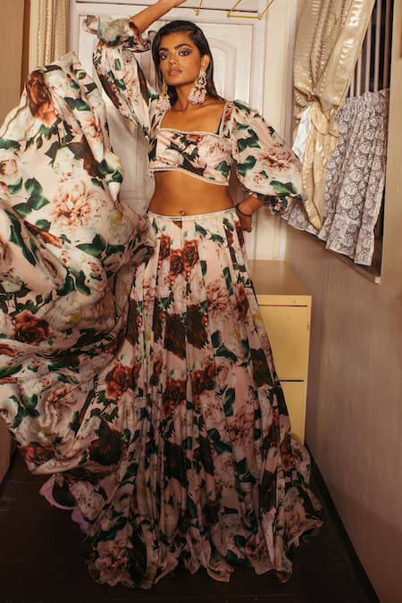 Shehlaa Khan_Pink Satin Georgette Square Neck Floral Printed Lehenga Set _Online_at_Aza_Fashions