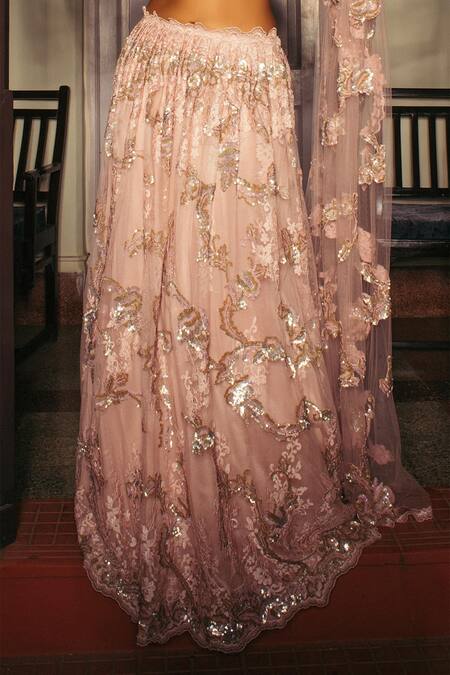 Buy_Shehlaa Khan_Pink Lace V Neck Embroidered Lehenga Set _Online_at_Aza_Fashions