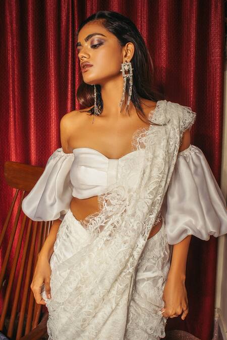 White - Net - Readymade Saree Blouse Designs Online: Buy Fancy Blouses at  Utsav Fashion