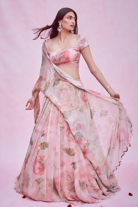 Shop Shehlaa Khan Pink Georgette Scoop Neck Printed Lehenga Set at Aza Fashions Shop_Shehlaa Khan_Pink Georgette Scoop Neck Printed Lehenga Set _at_Aza_Fashions