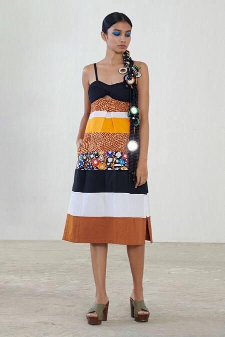 Saaksha & Kinni_Multi Color Poplin One Shoulder Midi Dress_Online_at_Aza_Fashions