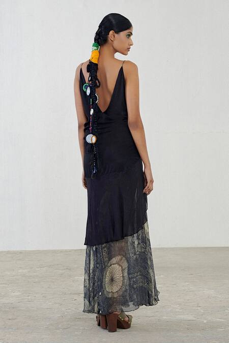 Shop Saaksha & Kinni Black Satin Asymmetric Flared Dress at Aza Fashions Shop_Saaksha & Kinni_Black Satin Asymmetric Flared Dress_at_Aza_Fashions