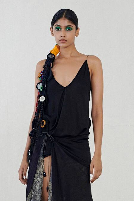 Saaksha & Kinni Black Satin Asymmetric Flared Dress Online at Aza Fashions Saaksha & Kinni_Black Satin Asymmetric Flared Dress_Online_at_Aza_Fashions