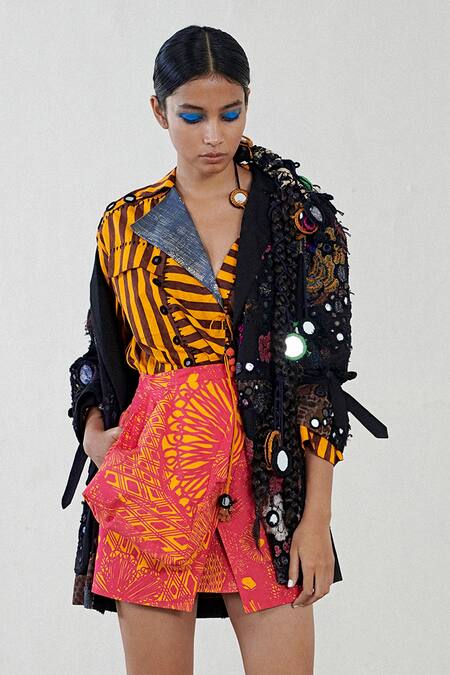 Shop_Saaksha & Kinni_Pink Poplin Printed Mini Skirt_at_Aza_Fashions