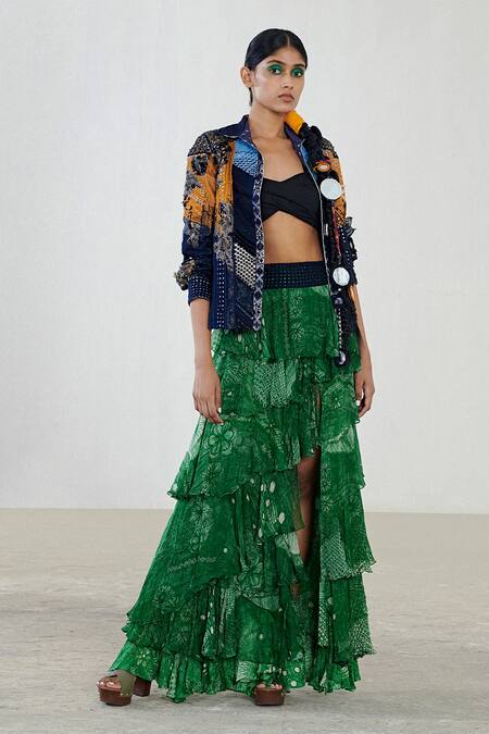 Saaksha & Kinni_Green Chiffon Layered Printed Skirt _Online_at_Aza_Fashions
