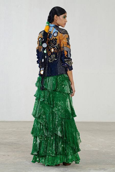 Shop_Saaksha & Kinni_Green Chiffon Layered Printed Skirt _at_Aza_Fashions