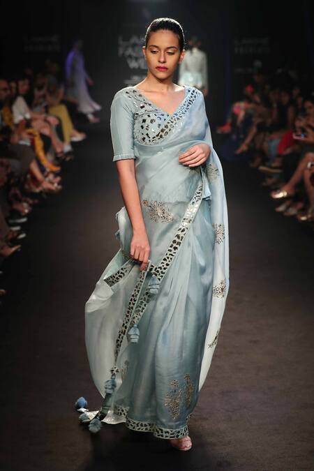 Punit Balana_Blue Organza Cutdana, Beads Round Patra Work Saree With Blouse _Online_at_Aza_Fashions
