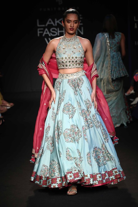 Punit Balana_Blue Chanderi Cutdana, Sequins Round Lehenga Skirt With Blouse And Dupatta _Online_at_Aza_Fashions