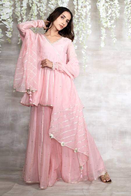 Shop Shrutkirti Pink Chanderi Gota Work V Neck Embroidered Kurta Sharara Set Online at Aza Fashions Shop_Shrutkirti_Pink Chanderi Gota Work V Neck Embroidered Kurta Sharara Set_Online_at_Aza_Fashions
