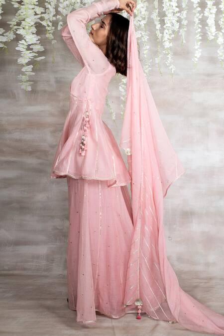 Shop Shrutkirti Pink Chanderi Gota Work V Neck Embroidered Kurta Sharara Set at Aza Fashions Shop_Shrutkirti_Pink Chanderi Gota Work V Neck Embroidered Kurta Sharara Set_at_Aza_Fashions