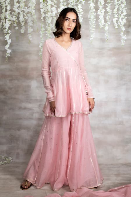 Shrutkirti Pink Chanderi Gota Work V Neck Embroidered Kurta Sharara Set Online at Aza Fashions Shrutkirti_Pink Chanderi Gota Work V Neck Embroidered Kurta Sharara Set_Online_at_Aza_Fashions