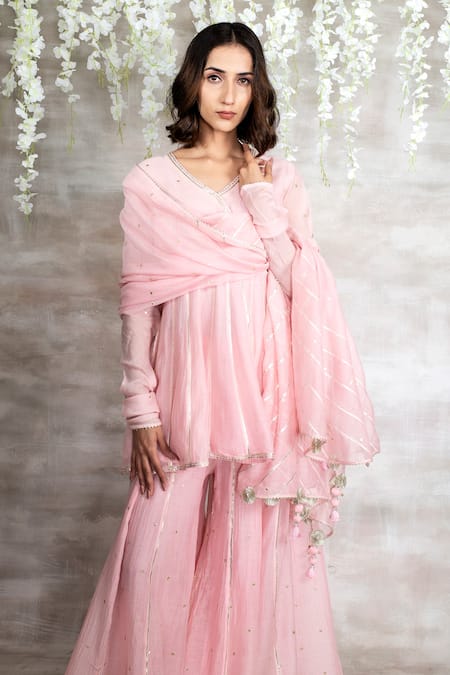 Buy Shrutkirti Pink Chanderi Gota Work V Neck Embroidered Kurta Sharara Set Online at Aza Fashions Buy_Shrutkirti_Pink Chanderi Gota Work V Neck Embroidered Kurta Sharara Set_Online_at_Aza_Fashions