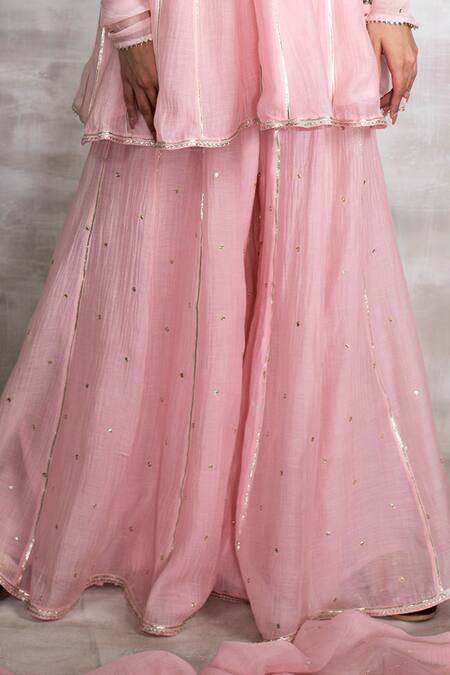 Shrutkirti Pink Chanderi Gota Work V Neck Embroidered Kurta Sharara Set at Aza Fashions Shrutkirti_Pink Chanderi Gota Work V Neck Embroidered Kurta Sharara Set_at_Aza_Fashions