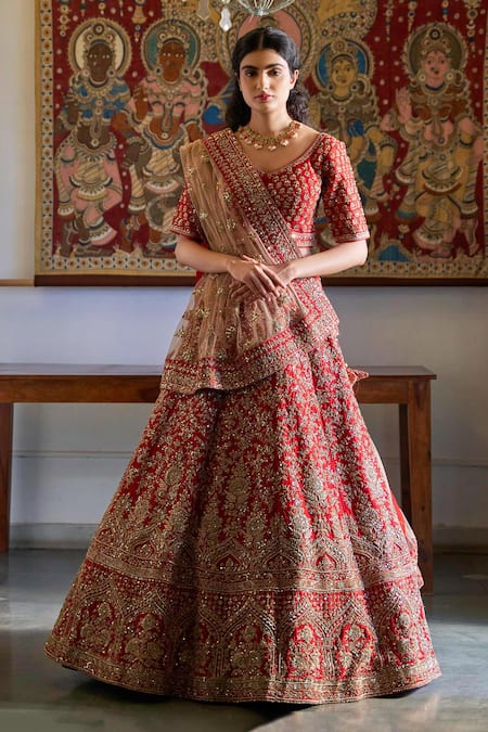 Angad Singh Red Lehenga And Blouse Raw Silk V Neck Embroidered Bridal Set 