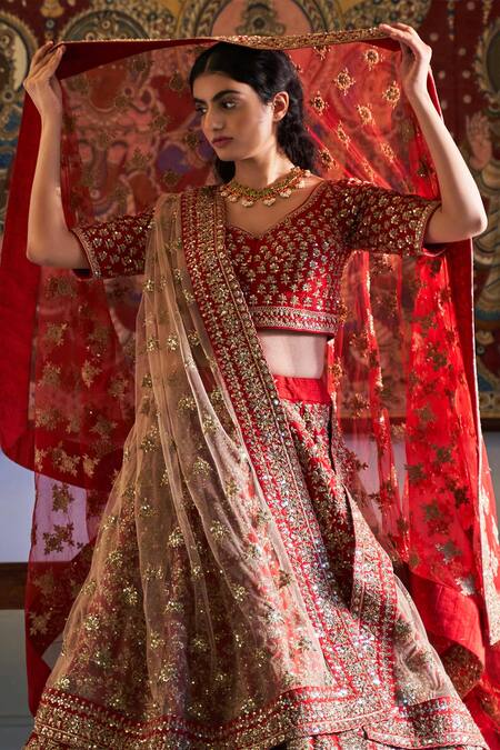 Shop_Angad Singh_Red Dupatta Net, Lehenga And Blouse Raw Silk V Neck Embroidered Bridal Set _at_Aza_Fashions