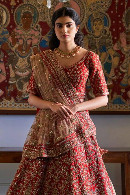 Angad Singh_Red Dupatta Net, Lehenga And Blouse Raw Silk V Neck Embroidered Bridal Set _Online_at_Aza_Fashions