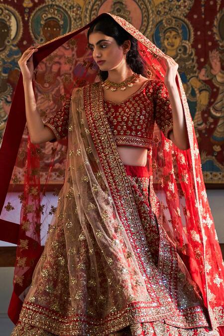 Buy_Angad Singh_Red Dupatta Net, Lehenga And Blouse Raw Silk V Neck Embroidered Bridal Set _Online_at_Aza_Fashions