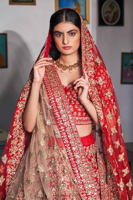 Shop_Angad Singh_Red Dupatta Net, Lehenga And Blouse Raw Silk V Neck Embroidered Bridal Set _Online_at_Aza_Fashions