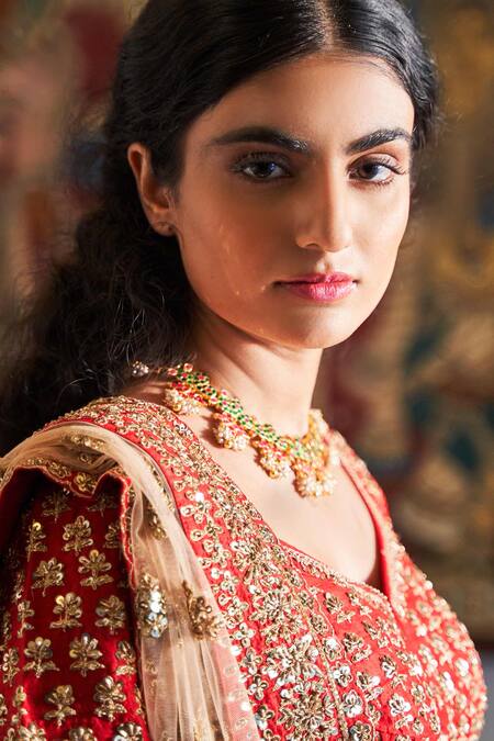 Angad Singh_Red Dupatta Net, Lehenga And Blouse Raw Silk V Neck Embroidered Bridal Set _at_Aza_Fashions