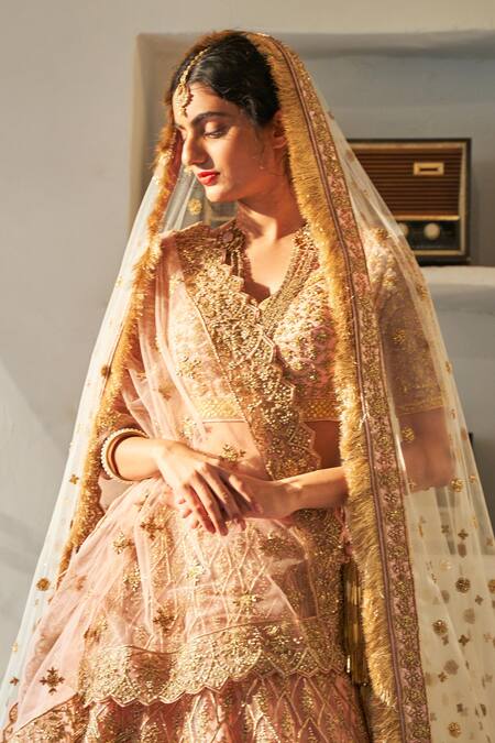 Buy_Angad Singh_Peach Lehenga Set Net V Neck Embroidered Bridal_Online_at_Aza_Fashions