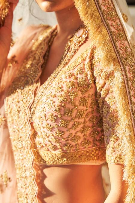 Shop_Angad Singh_Peach Lehenga Set Net V Neck Embroidered Bridal_Online_at_Aza_Fashions