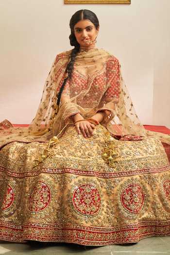ANGAD SINGH_Gold Blouse Raw Silk, Lehenga And Dupatta Net V Neck Embroidered Bridal Set_Online_at_Aza_Fashions