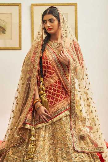 Buy_ANGAD SINGH_Gold Blouse Raw Silk, Lehenga And Dupatta Net V Neck Embroidered Bridal Set_Online_at_Aza_Fashions