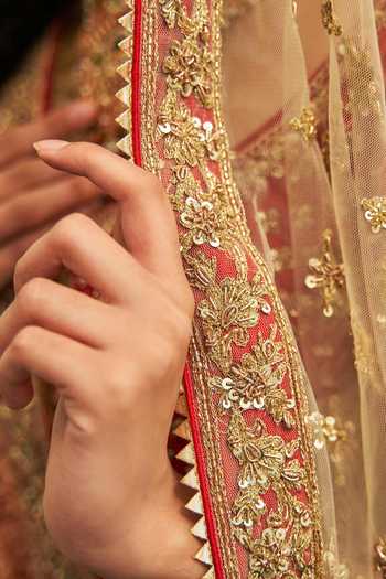 Shop_ANGAD SINGH_Gold Blouse Raw Silk, Lehenga And Dupatta Net V Neck Embroidered Bridal Set_Online_at_Aza_Fashions