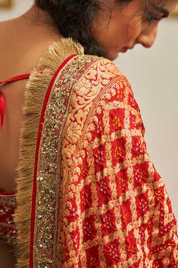 ANGAD SINGH_Gold Blouse Raw Silk, Lehenga And Dupatta Net V Neck Embroidered Bridal Set_at_Aza_Fashions