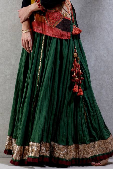 Ritu Kumar_Green Cotton Slub Flared Maxi Skirt_Online_at_Aza_Fashions
