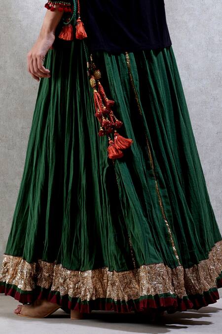 Shop_Ritu Kumar_Green Cotton Slub Flared Maxi Skirt_Online_at_Aza_Fashions