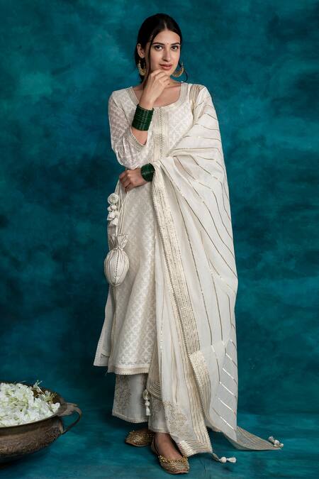 Buy_Shrutkirti_White , Jacquard Gota Work Round Notched Embroidered Kurta Set_Online_at_Aza_Fashions