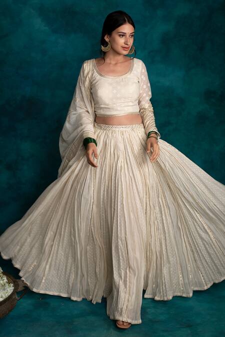 Shrutkirti_White , Jacquard Gota Work Round Patti Embroidered Lehenga Set_Online_at_Aza_Fashions