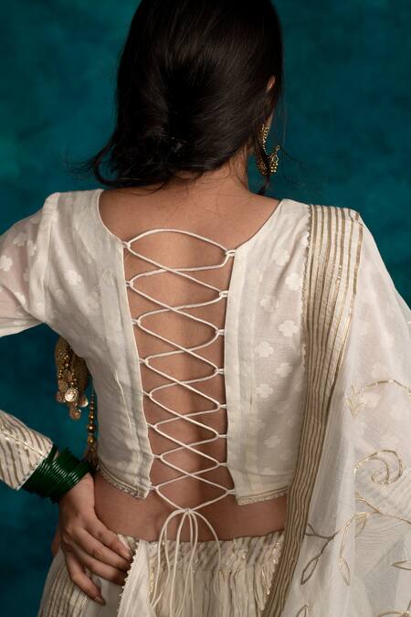 Shop_Shrutkirti_White , Jacquard Gota Work Round Patti Embroidered Lehenga Set_Online_at_Aza_Fashions