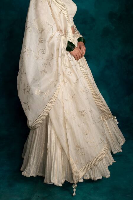 Shrutkirti_White , Jacquard Gota Work Round Patti Embroidered Lehenga Set_at_Aza_Fashions