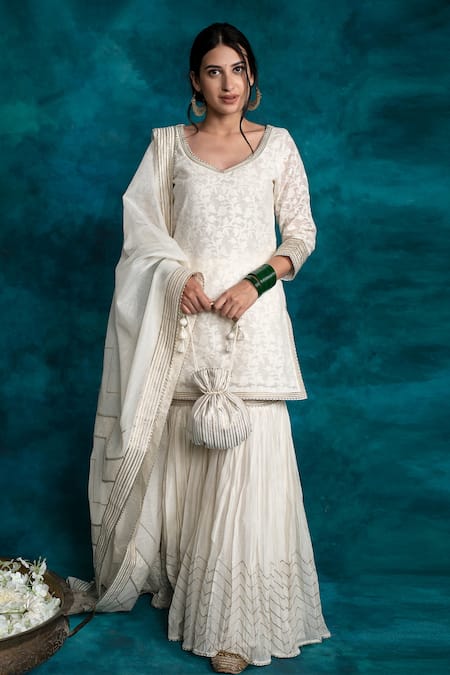Shrutkirti White Chanderi Embroidered Gota Work Round Notched Patti Sharara Set