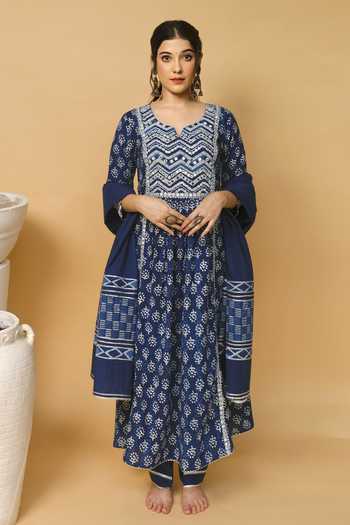 Shop Shrutkirti Blue Cotton Indigo Print Anarkali at Aza Fashions Shop_Shrutkirti_Blue Cotton Indigo Print Anarkali_at_Aza_Fashions
