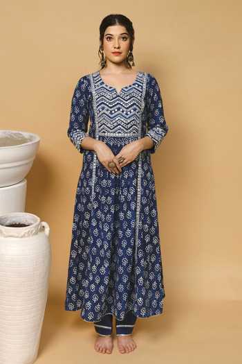 Buy Shrutkirti Blue Cotton Indigo Print Anarkali at Aza Fashions Buy_Shrutkirti_Blue Cotton Indigo Print Anarkali_at_Aza_Fashions