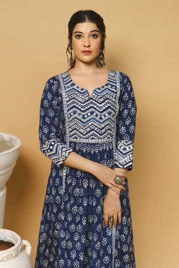 Buy Shrutkirti Blue Cotton Indigo Print Anarkali Online at Aza Fashions Buy_Shrutkirti_Blue Cotton Indigo Print Anarkali_Online_at_Aza_Fashions