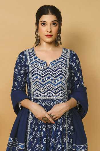 Shop Shrutkirti Blue Cotton Indigo Print Anarkali Online at Aza Fashions Shop_Shrutkirti_Blue Cotton Indigo Print Anarkali_Online_at_Aza_Fashions