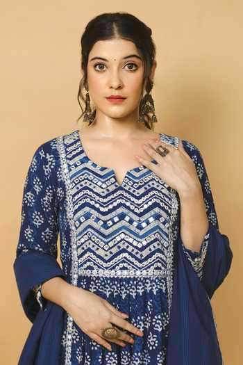 Shrutkirti Blue Cotton Indigo Print Anarkali at Aza Fashions Shrutkirti_Blue Cotton Indigo Print Anarkali_at_Aza_Fashions