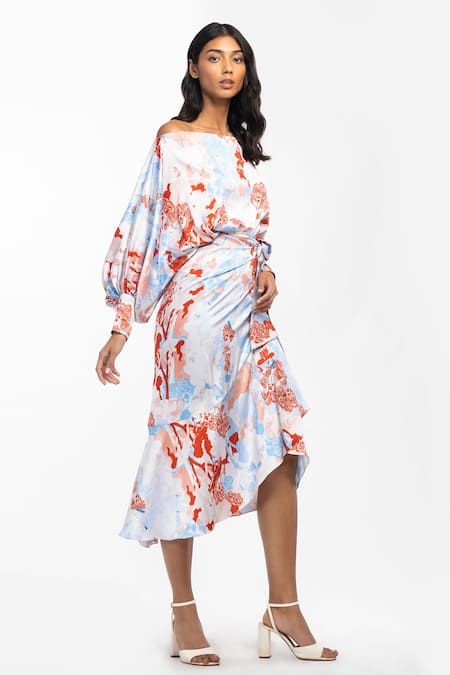 Mandira Wirk_Orange Satin Tropical Motifs One Shoulder Off Top And Wrap Skirt Set_Online_at_Aza_Fashions