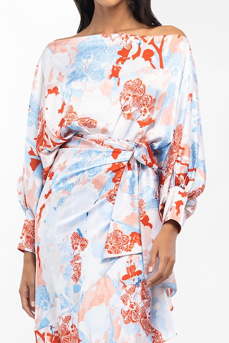 Buy_Mandira Wirk_Orange Satin Tropical Motifs One Shoulder Off Top And Wrap Skirt Set_Online_at_Aza_Fashions