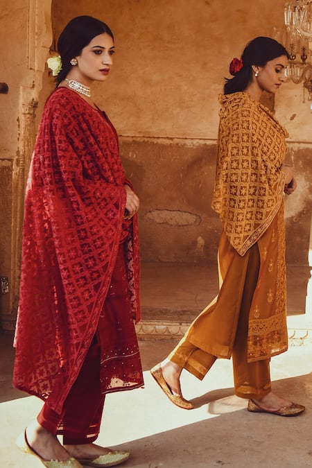 Shop_Karaj Jaipur_Maroon Dupatta Embroidered Chiffon, Kurta Chanderi, Pant Chikankari Set _Online_at_Aza_Fashions