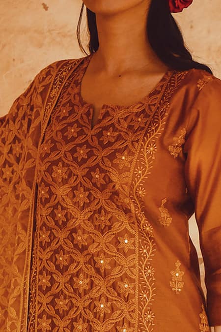 Shop_Karaj Jaipur_Yellow Dupatta Embroidered Chiffon, Kurta Chanderi, Pant Chikankari Set _Online_at_Aza_Fashions