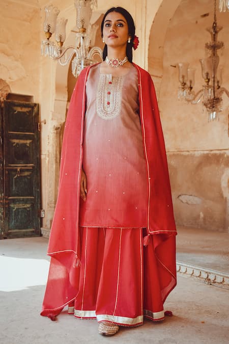 Buy Karaj Jaipur Red Kurta And Dupatta Chanderi, Sharara Cotton Floral, Mirror Embroidered Set Online at Aza Fashions Buy_Karaj Jaipur_Red Kurta And Dupatta Chanderi, Sharara Cotton Floral, Mirror Embroidered Set _Online_at_Aza_Fashions