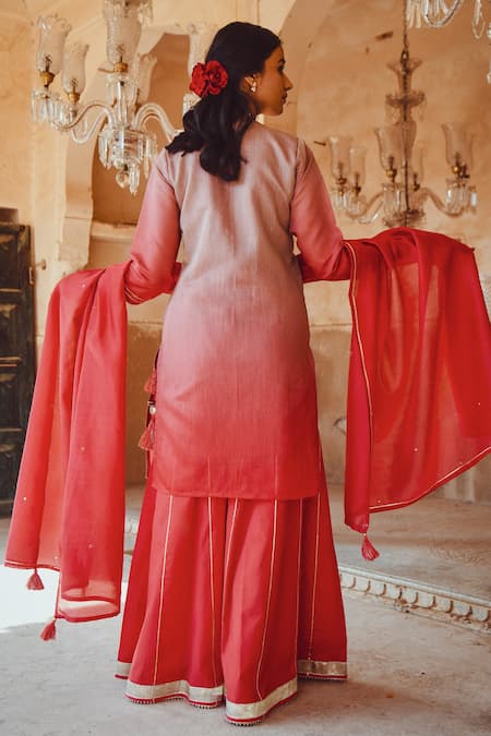 Karaj Jaipur Chanderi Floral Embroidered Kurta Set 