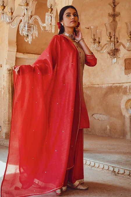 Karaj Jaipur Red Kurta And Dupatta Chanderi, Sharara Cotton Floral, Mirror Embroidered Set Online at Aza Fashions Karaj Jaipur_Red Kurta And Dupatta Chanderi, Sharara Cotton Floral, Mirror Embroidered Set _Online_at_Aza_Fashions