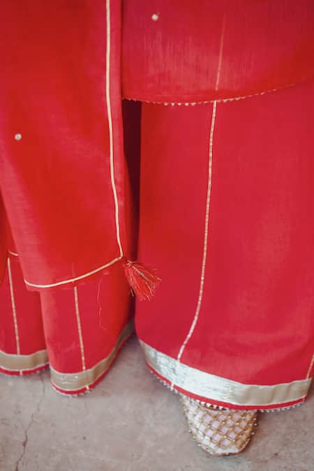 Karaj Jaipur Red Kurta And Dupatta Chanderi, Sharara Cotton Floral, Mirror Embroidered Set at Aza Fashions Karaj Jaipur_Red Kurta And Dupatta Chanderi, Sharara Cotton Floral, Mirror Embroidered Set _at_Aza_Fashions